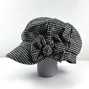 Indigo Soul Newsboy Cap Womens One Size Black White Houndstooth Bow